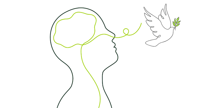 A line drawing of a head breathing out toward a dove.