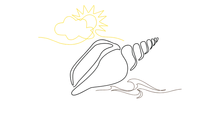 A line drawing of a conch shell on a wave under the sun.