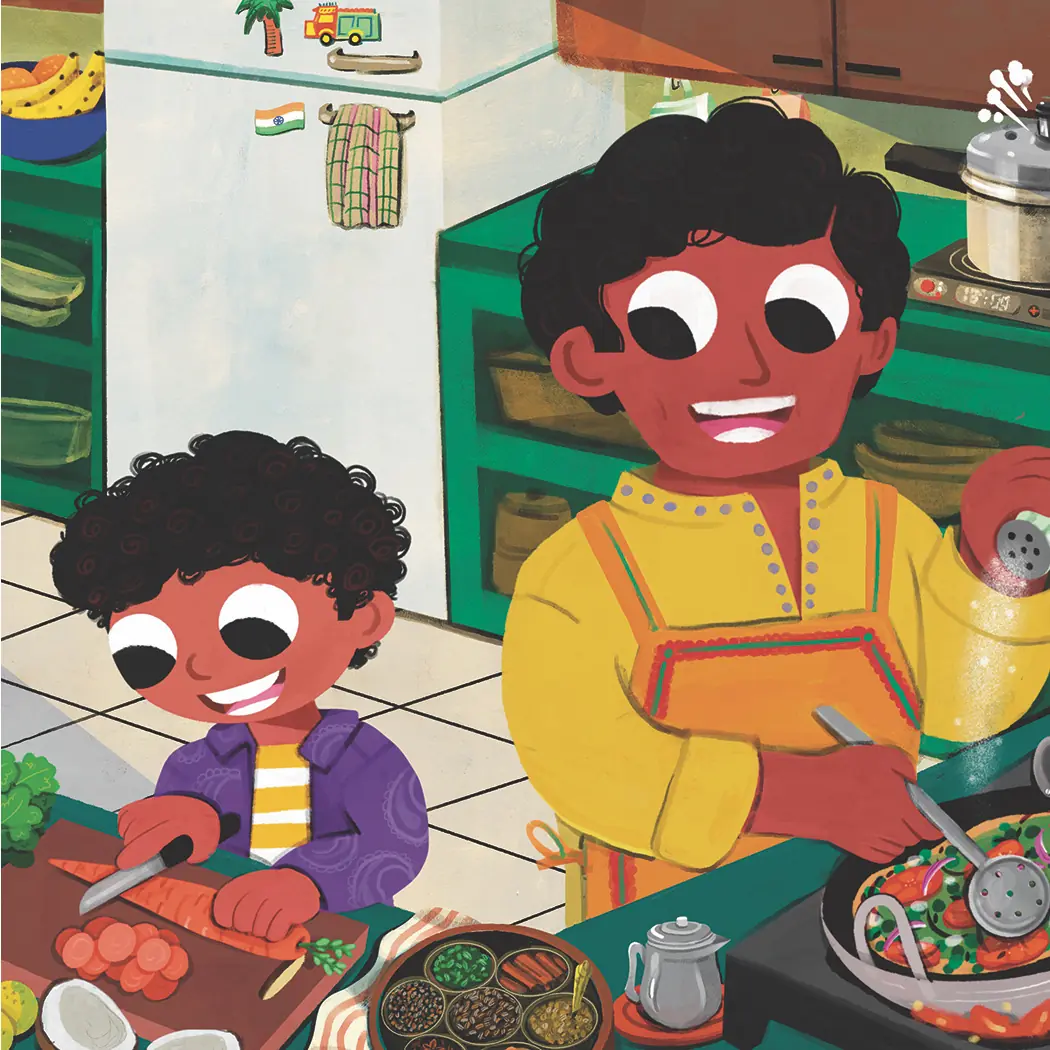 A kitchen from One Fine Day: Appa cooking at the stove in a yellow kurta while a kid chops a carrot on his own board at the counter.