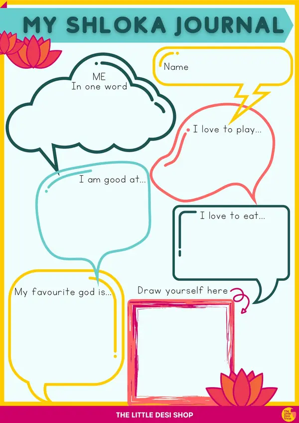 First page of your Shloka Journal: a worksheet titled “My shloka journal”, with bubbles to fill in and a box to draw yourself