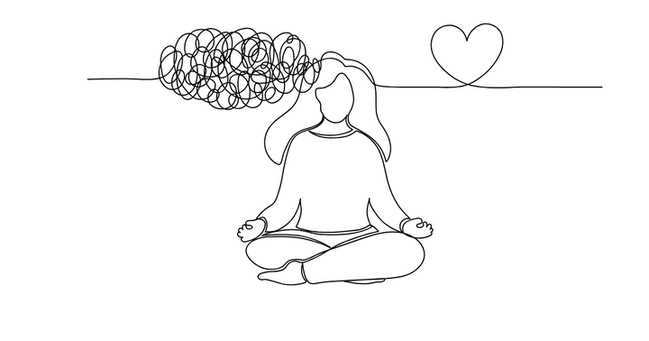 A line drawing of a woman meditating, a tangle of thoughts beside her.